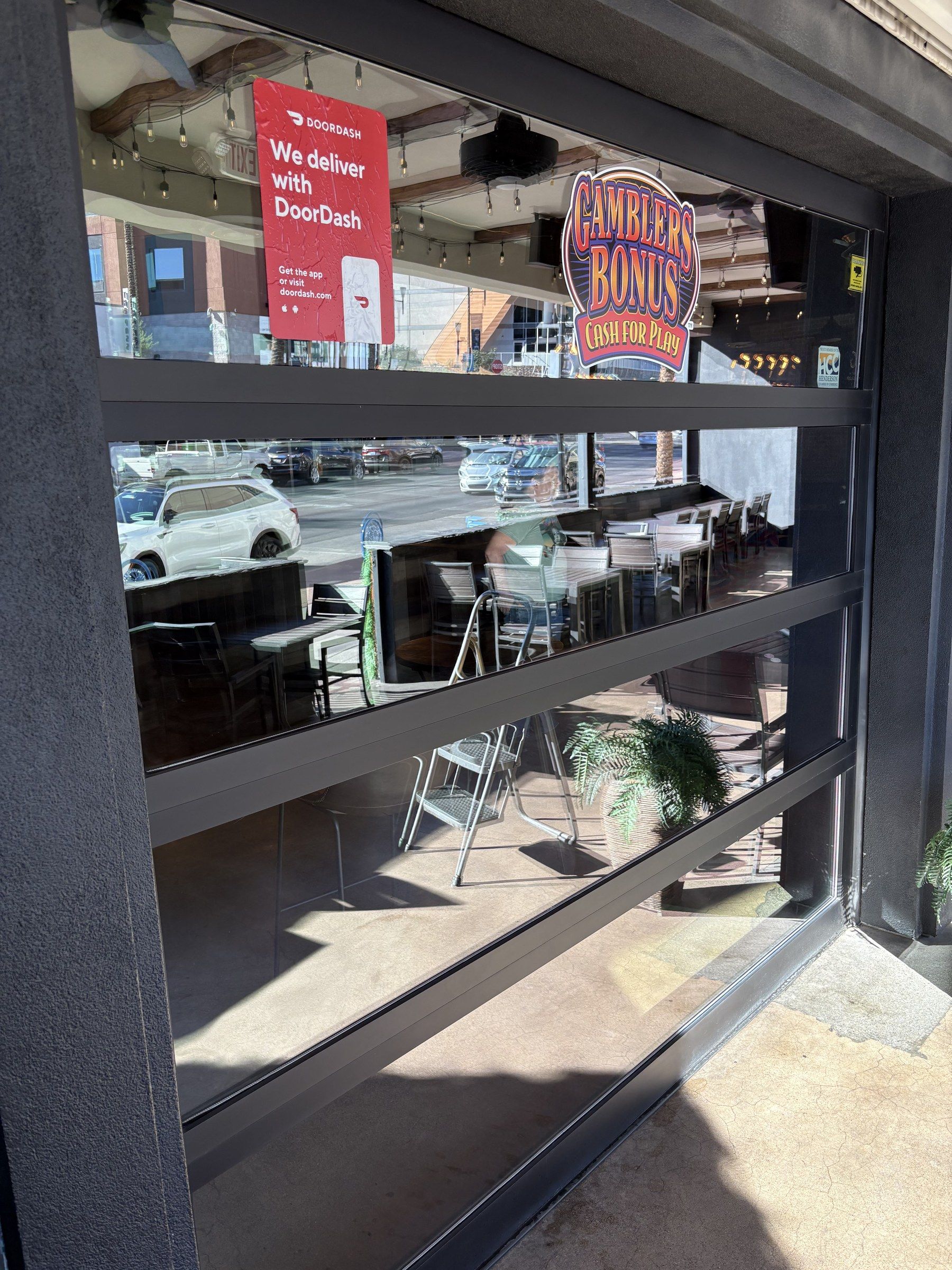 Clean glass roll-up storefront door at a restaurant in the Las Vegas Valley